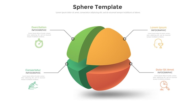 Bol of bal opgesplitst in 4 kleurrijke delen of stukken en plaats voor tekst. Concept van bedrijfsmodel met vier opties. Moderne infographic ontwerpsjabloon. Vectorillustratie voor presentatie, rapport.