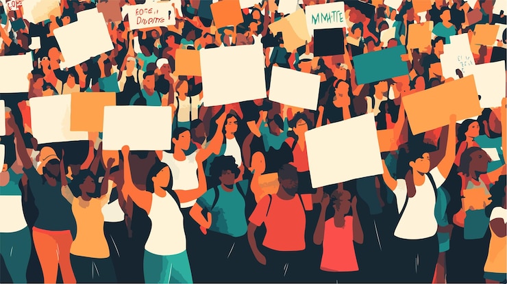 Vector bold black lives matter banner for protest gathering of diverse people