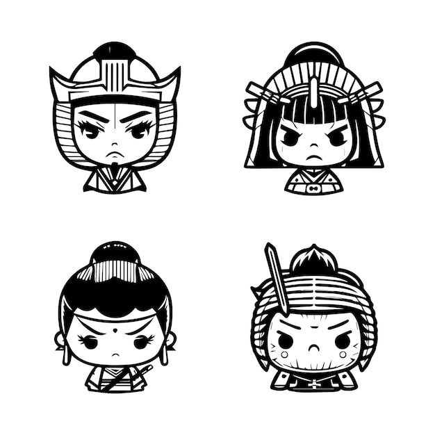 Bold and captivating Hand drawn collection set of cute Japanese samurai warriors showcasing courage