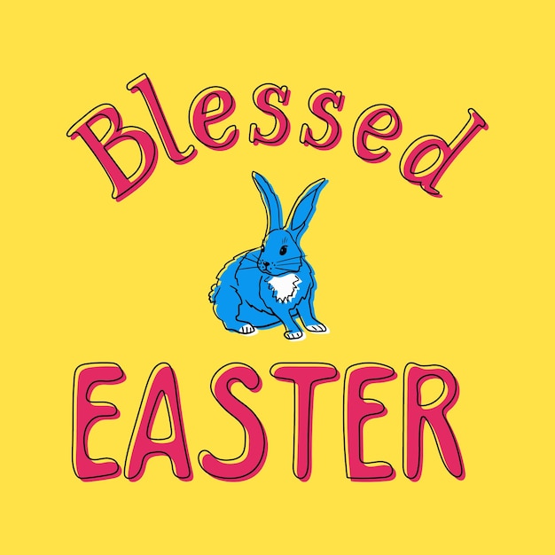 Bold minimalistic flat illustration with sign Blessed Easter and rabbit