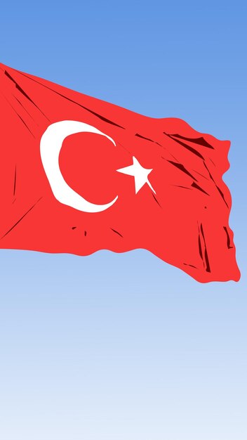 Bold vector illustration of the Turkish flag waving against a clear blue sky symbolizing national