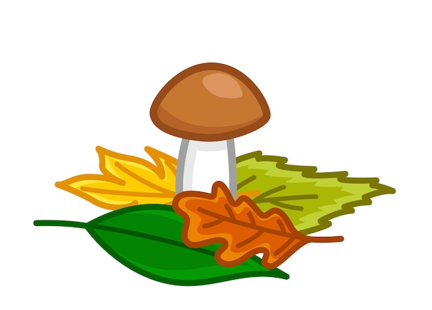 Вектор Белый гриб в осенних листьях осенний съедобный гриб мультфильм вектор
