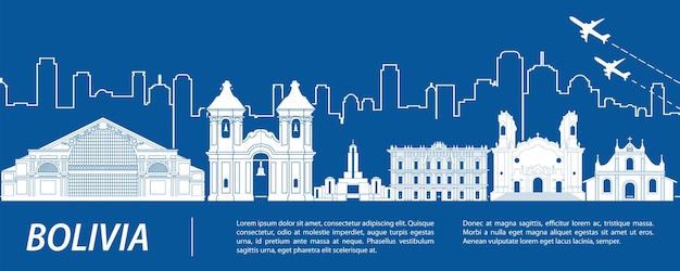 Vettore silhouette del famoso punto di riferimento della bolivia con illustrazione vettoriale a colori blu e bianco