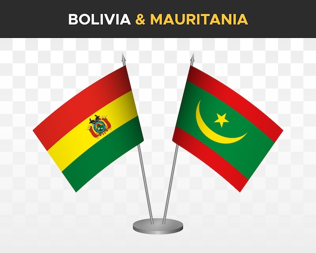 Bolivia vs Mauritanië Bureau vlaggen mockup geïsoleerde 3d vector illustratie tafel vlaggen