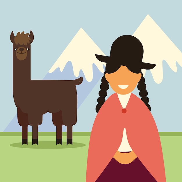 Vector bolivian woman and llama