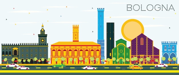 Bologna Skyline with Color Landmarks and Blue Sky. Vector Illustration. Business Travel and Tourism Concept with Historic Buildings. Image for Presentation Banner Placard and Web Site.