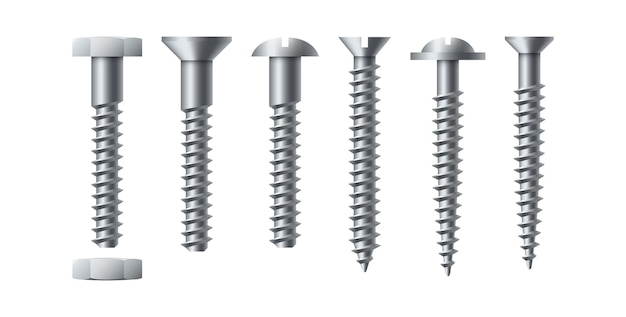 Болт и винт Реалистичные саморезы Металлические гвозди с гайкой Шаблон ассортимента мастерской Круглые или шестигранные заглушки Изолированное промышленное строительное оборудование Набор векторных инструментов для ремонта стали
