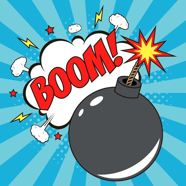 Vector bom in pop-artstijl en komische tekstballon met tekst boom cartoon dynamiet
