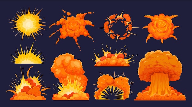 Bom ontploffing Cartoon dynamiet ontploffingen effect vuur en explosieve wolken Vernietiging bommen vlam Comic gevaar boom wolken voor digitaal spel Vector set Detonatie heldere paddenstoel