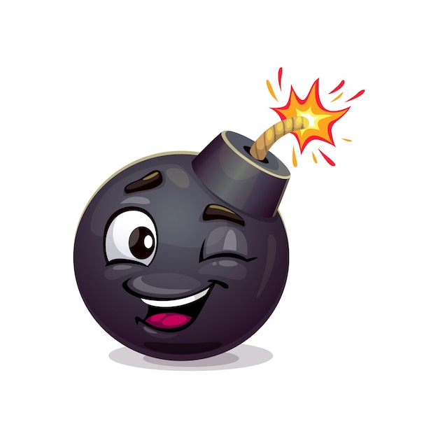 Vector bom stripfiguur explosief wapenpersonage met een ondeugende knipoog en brede glimlach met een brandende lont klaar om te ontploffen met komische charme geïsoleerde vector speelse tnt emoji