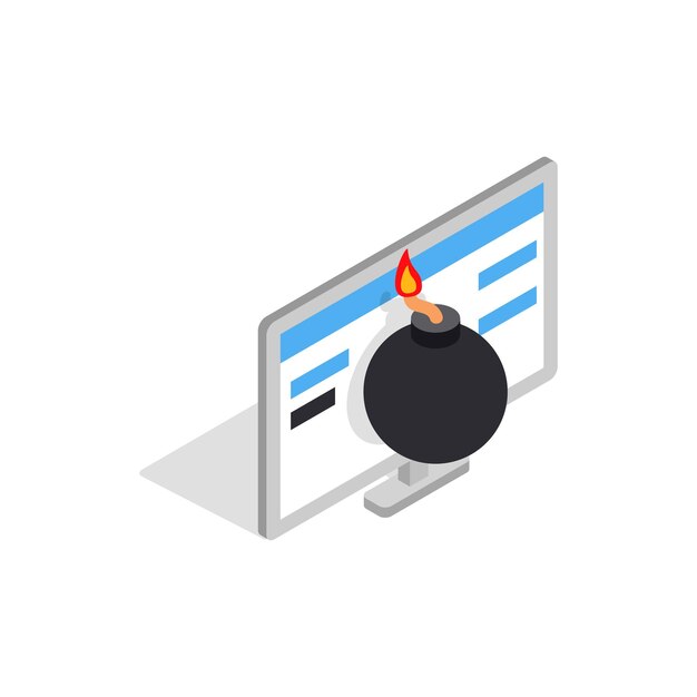 Vector bomb and computer monitor icon in isometric 3d style on a white background