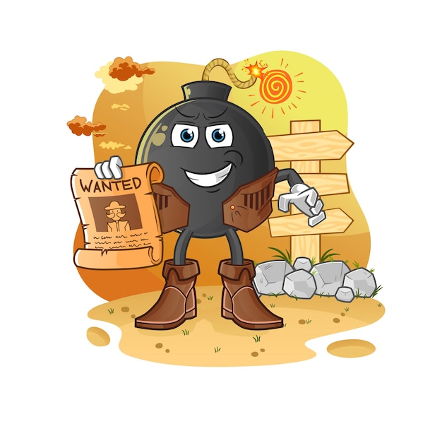 bomb cowboy with wanted paper. cartoon mascot vector