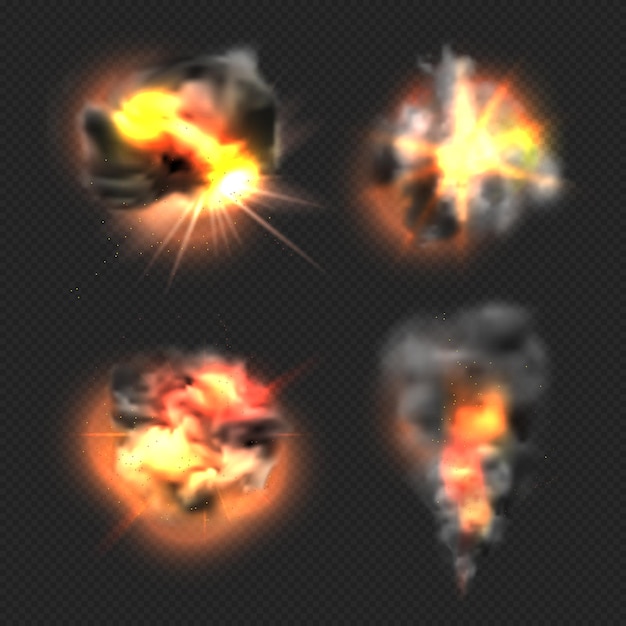 bomb explosion. exploded fire flame and smoke dramatic effects vector realistic templates. illustration dynamite fire boom, explode motion
