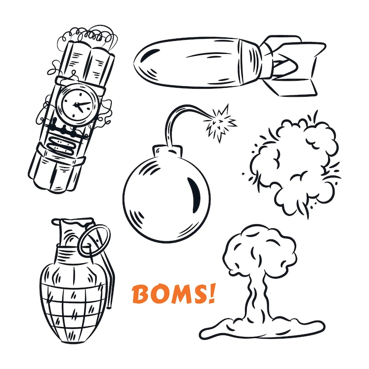 Vector bomb explosion nuclear war set hand drawn line icon doodle illustration