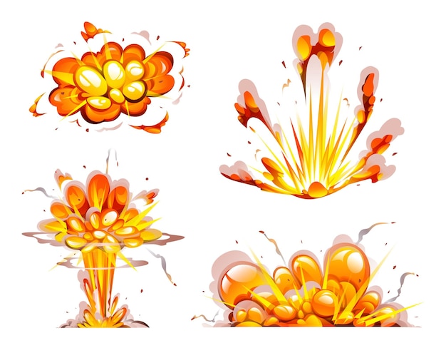 Набор векторов взрыва бомбы. атомный взрыв с иллюстрацией шаржа дыма, пламени и частиц