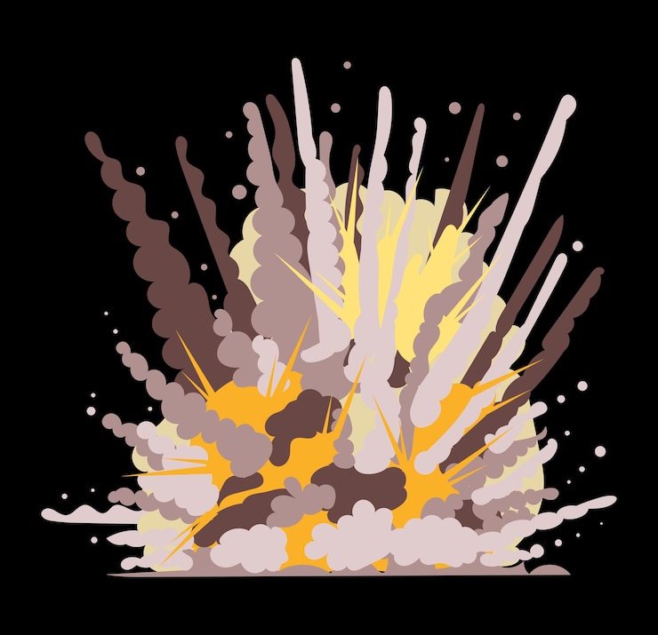 Vector bomb explosion with dust and gas clouds and pollution trail vector illustration in comic cartoon design