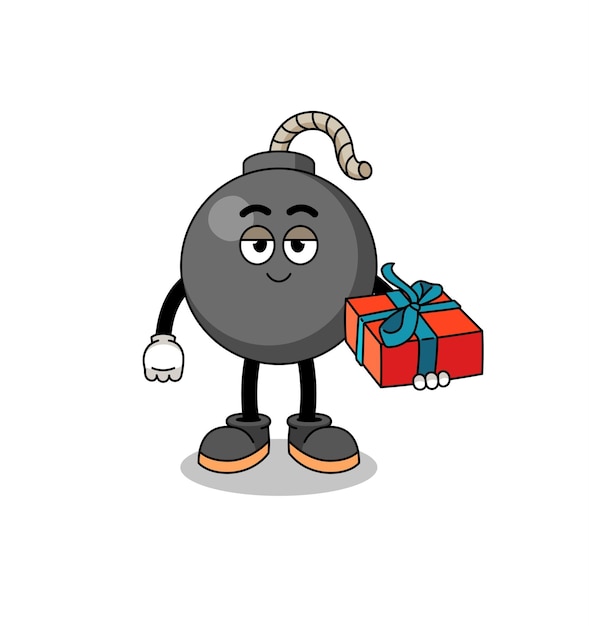 Bomb mascot illustration giving a gift character design