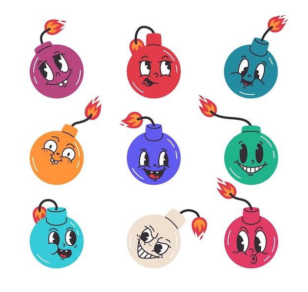 Bomb mascots Cartoon bombs characters cute comic bombshells with burning wick bomb with face emotions Hand drawn flat vector illustration set