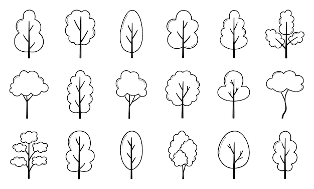 Vector bomen doodle set bos in schets stijl