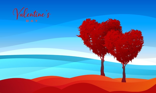 Vector bomen in de vorm van een rood hart, valentijnsdag achtergrond, vector fantasie landschap, paar bomen