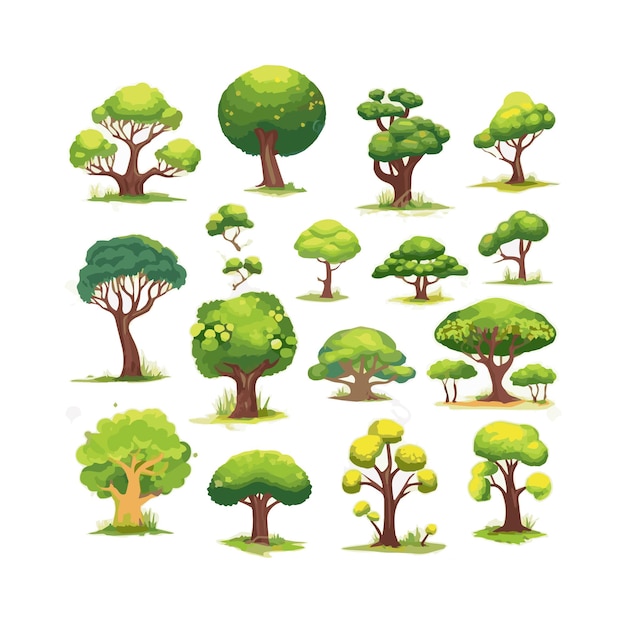 Bomen platte vectorillustraties set Exotische strandplanten geïsoleerde ontwerpelementen pack Groene bladeren takken en stammen cartoon collectie op witte achtergrond