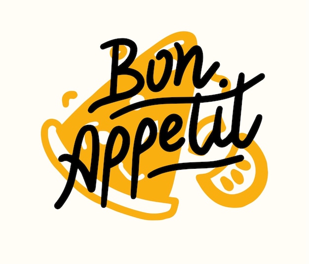 피자 조각을 사용한 Bon Appetit 크리에이티브 레터링. 음식 포스터, 손으로 그린 요소로 인쇄합니다. 주방, 카페 또는 레스토랑 장식. 손으로 그린 메뉴 장식, 필기체 타이포그래피. 벡터 일러스트 레이 션