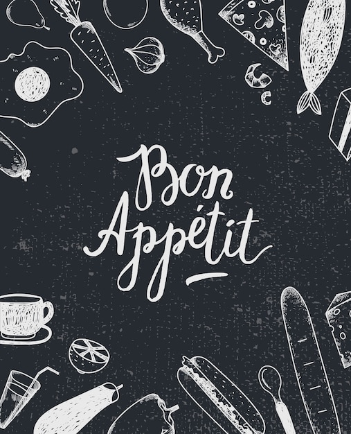 Vettore poster grafico bon appetit con illustrazioni di cibo, copertina del menu, banner di cibo. bianco e nero. lavagna