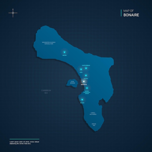 Bonaire map with blue neon light points