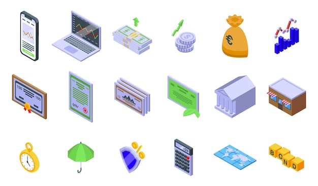 Vector bonds icons set isometric vector management investment money economy