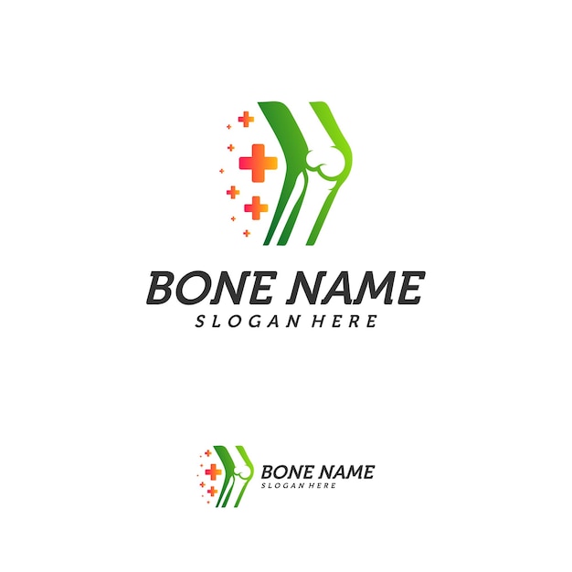 Bone Plus-logo. Gezond bot icoon. Knie botten en gewrichten zorg bescherming logo sjabloon. Medisch plat logo-ontwerp. Vector van de gezondheid van het menselijk lichaam. Embleem symbool.