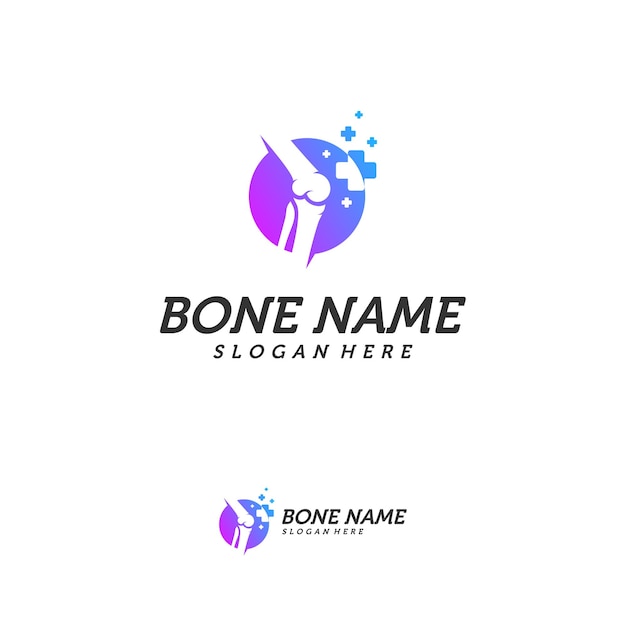 Logo bone plus. icona di osso sano. modello del logo di protezione per la cura delle ossa e delle articolazioni del ginocchio. design del logo piatto medico. vettore della salute del corpo umano. simbolo dell'emblema.