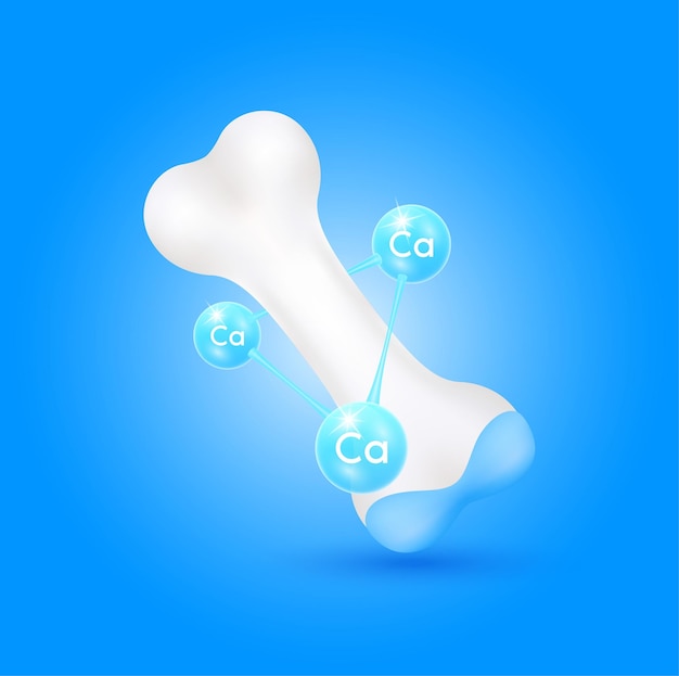 벡터 분자 미네랄 칼슘이 반짝이는 뼈. 다리에 식이 보충제 무릎 관절 통증.