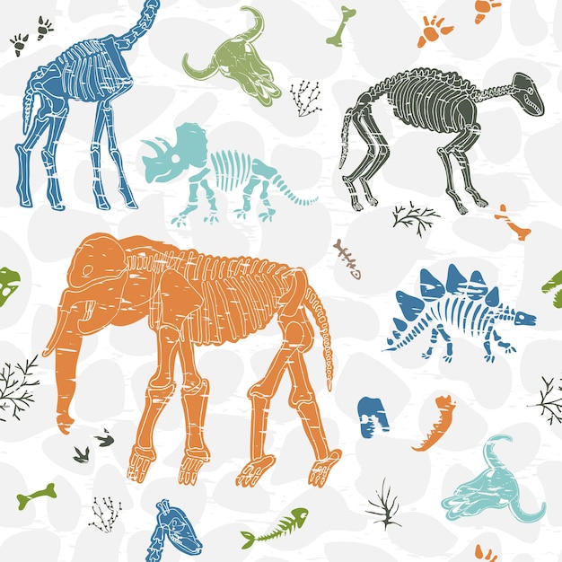 Bones and contours of various prehistoric animals and plants Seamless pattern with skeletons