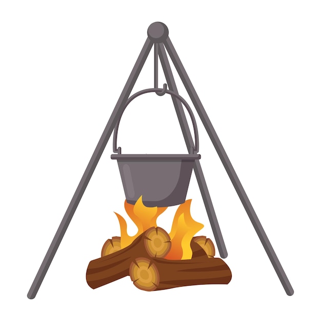 Vector bonfire and cooking pot for camping