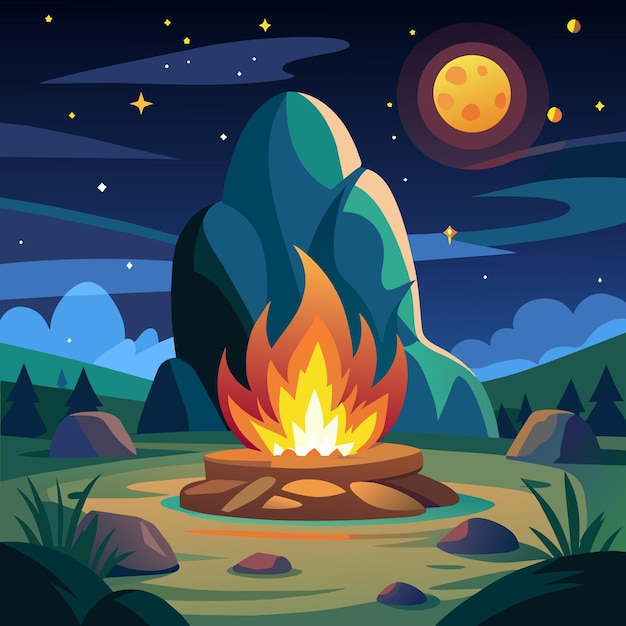 bonfire surrounded by stones colored drawing realistic