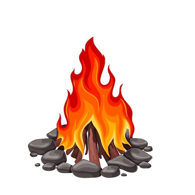 Vector bonfire with burning firewood