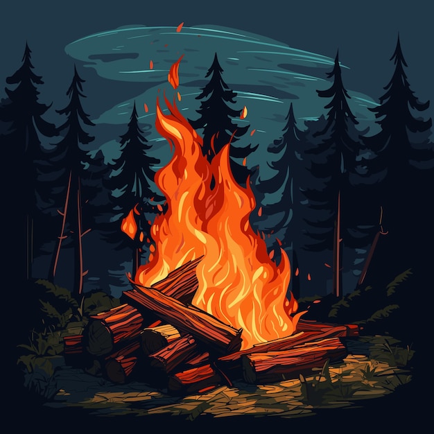 Vector a bonfire with flying sparks on a night forest background burning wood vector illustration