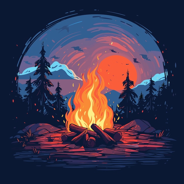 Vector a bonfire with flying sparks on a night forest background burning wood vector illustration