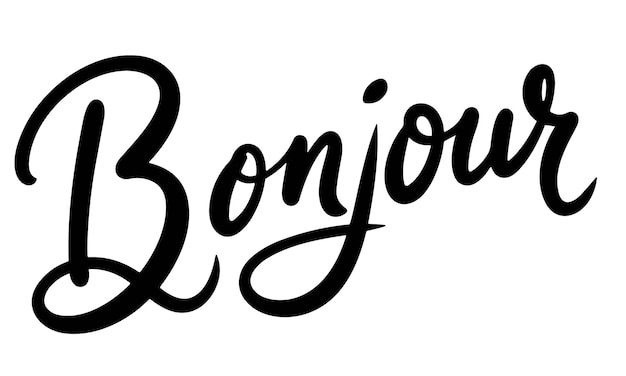 Iscrizione bonjour banner di testo a mano bonjour in composizione quadrata di colore nero disegnato a mano