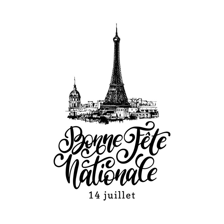 Bonne Fete Nationalehand belettering Zin vertaald uit het Frans Happy National Day Getekende illustratie van de Eiffeltoren