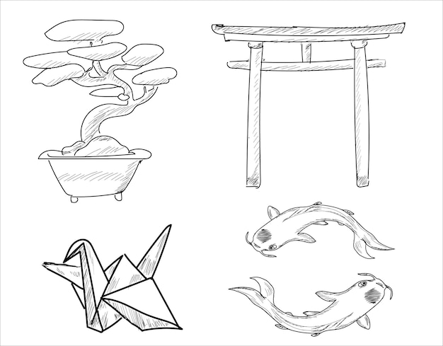 Vector bonsai boom, origami vogel, zwaan, vis, torii poort, japan, schets tekening vector