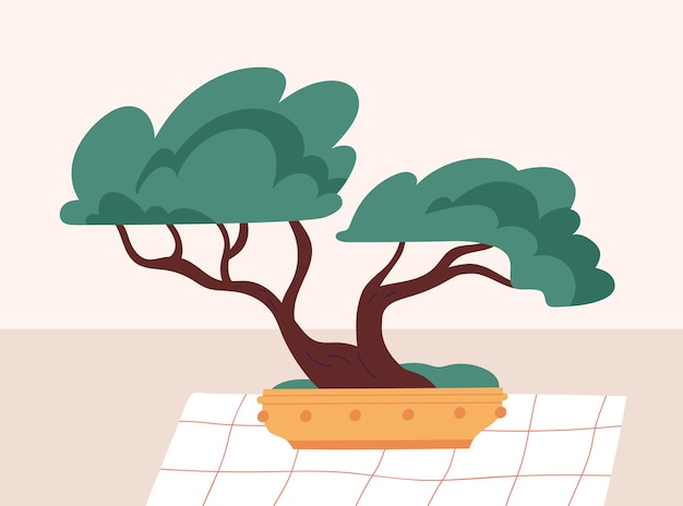 Vector bonsai dwergboom met miniatuur kroon en stam. japanse potplant. traditionele chinese botanische kunst. gekleurde platte vectorillustratie.