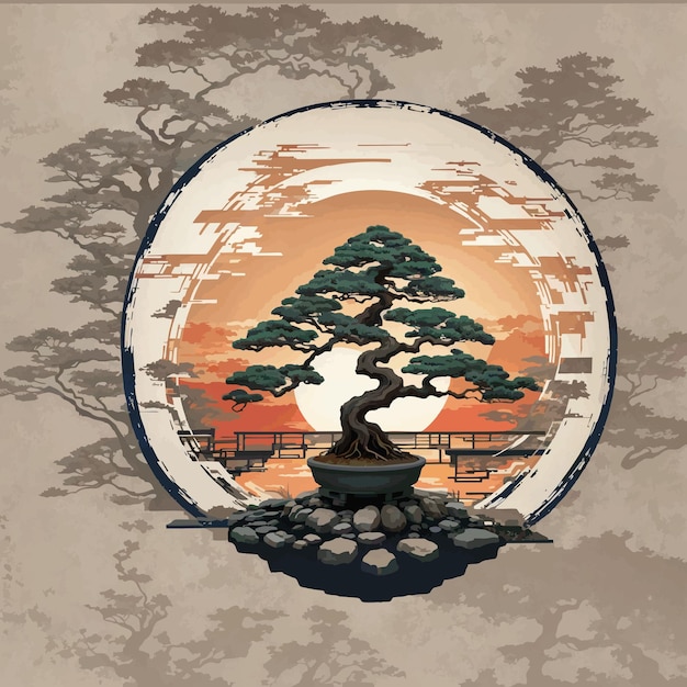 Vettore grafica di bonsai sullo sfondo del tramonto in stile giapponese