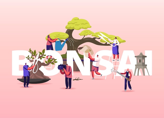 Illustrazione di crescita dei bonsai. personaggi delle persone che si divertono con la cura, la potatura e il taglio degli alberi dei bonsai.