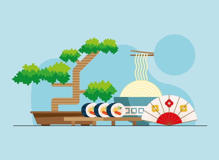 Vector bonsai and japan culture icons