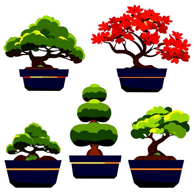 Vector bonsai japanese's trees grown in containers vector illustration