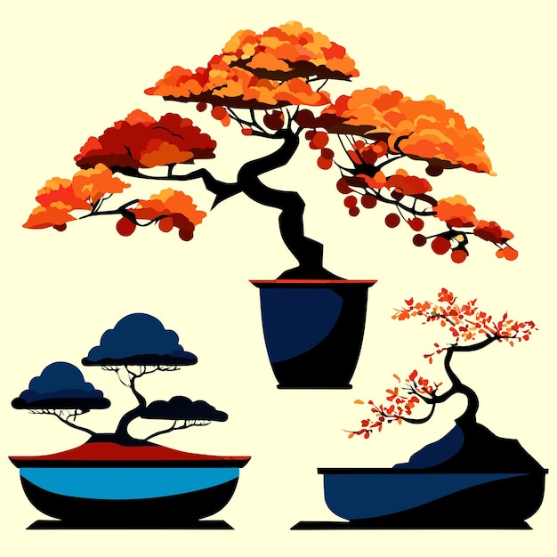 Vector bonsai japanese's trees grown in containers vector illustration