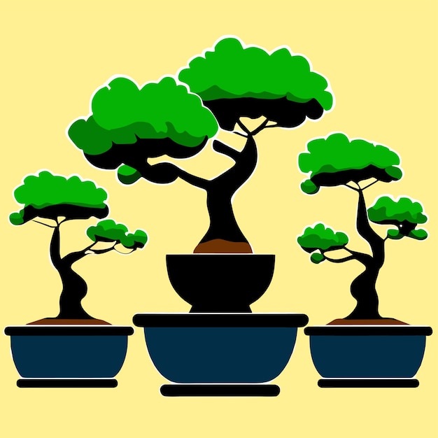 Vector bonsai japanese's trees grown in containers vector illustration