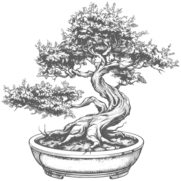 Bonsai tree images using old engraving style body black color only