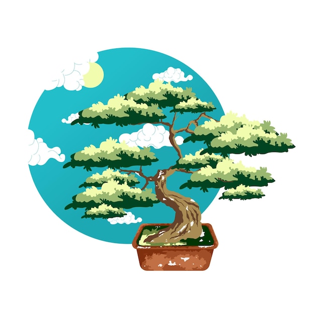 Bonsai tree in pot. Color vector flat cartoon illustration isolated on white and circle sky